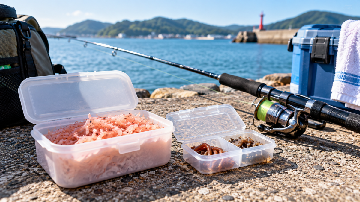 海釣りの釣り場で透明な保存容器や仕切り付きケースを釣り餌箱の代用品として使用している様子