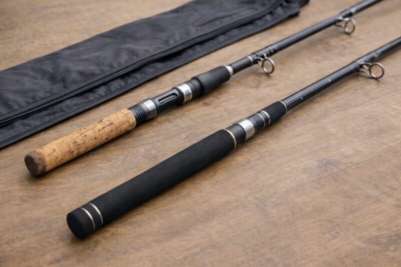 使用感のある釣竿と付属品なしロッドを比較しているイメージ