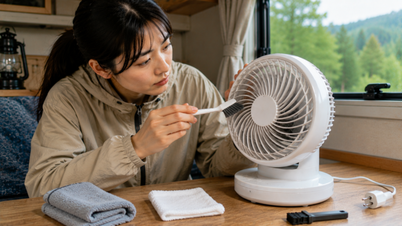 電源を抜いてサーキュレーターの前面ガードを掃除する様子