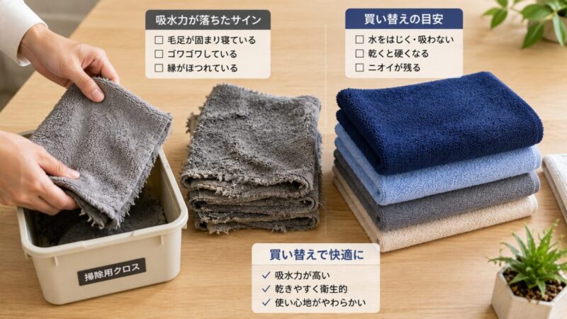 毛足が固まり縁がほつれた古い吸水タオルを掃除用へ移し新しいタオルと比較する様子