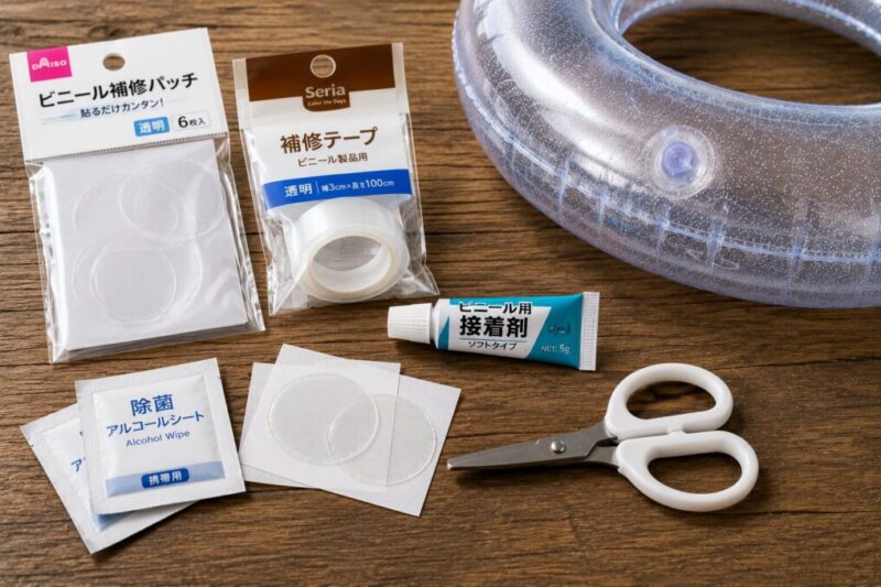 透明な補修パッチやビニール補修テープ、接着剤、ハサミを木製テーブルに並べた浮き輪修理用の道具。