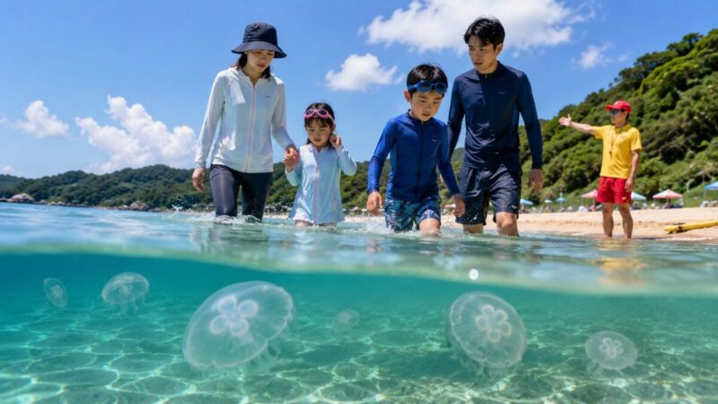 浅瀬を漂うクラゲに気づき監視員の案内で岸へ戻る家族