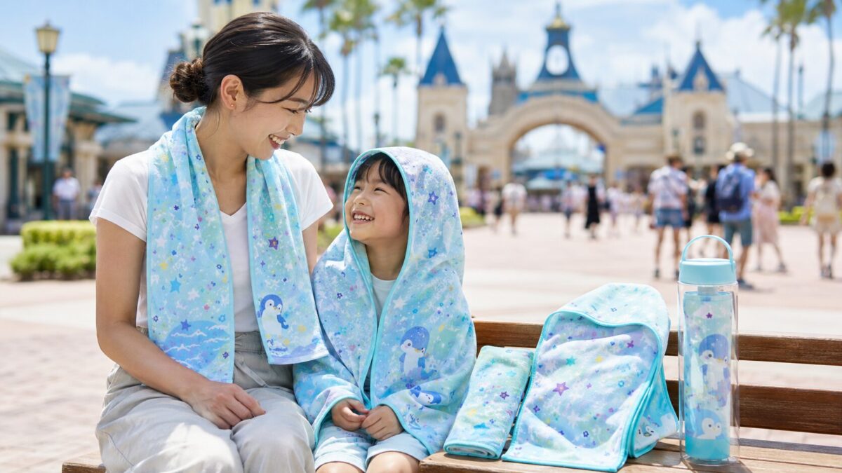 テーマパークで通常型とフード付きの冷感タオルを使って休憩する親子