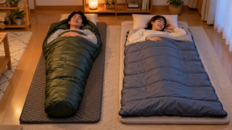 自宅でマミー型と封筒型の寝袋を使い寝心地を比較する様子