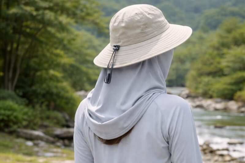 つば広帽子とネックカバーで首とうなじを覆って紫外線を防ぐ後ろ姿
