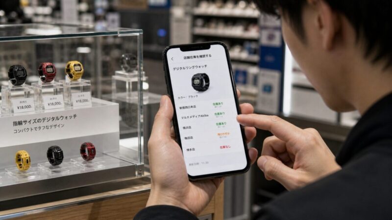 量販店の店舗在庫をスマホで確認しながら小型リング時計を探す様子