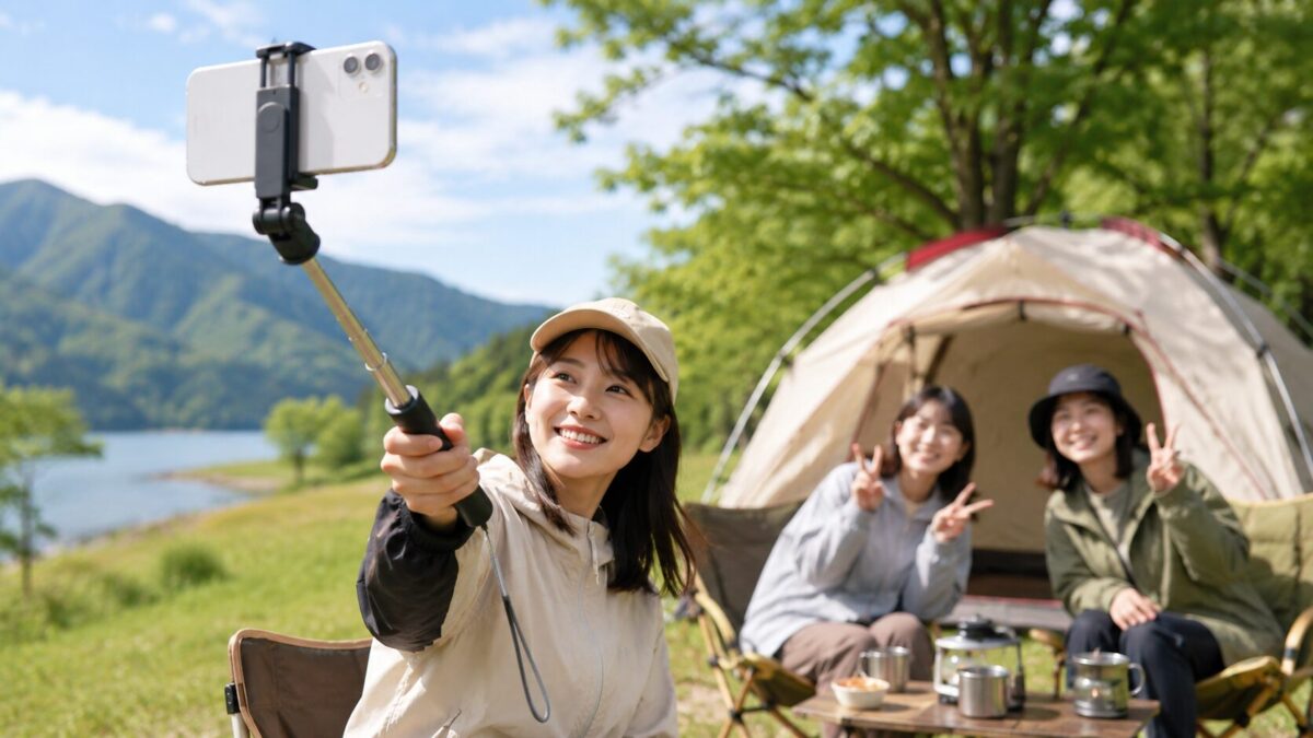 湖畔のキャンプ場で手持ちの自撮り棒を使って友人と写真を撮る女性