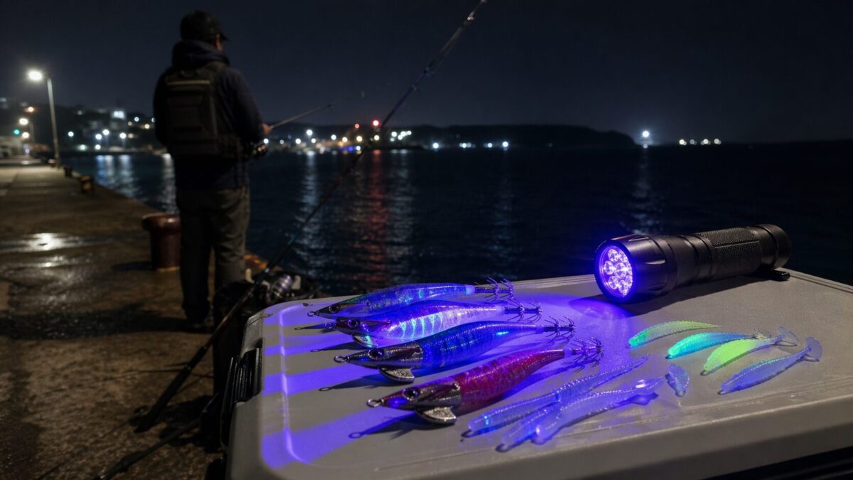 夜の堤防でUVライトを使い、エギやワームの発光反応を確認している釣りのイメージ