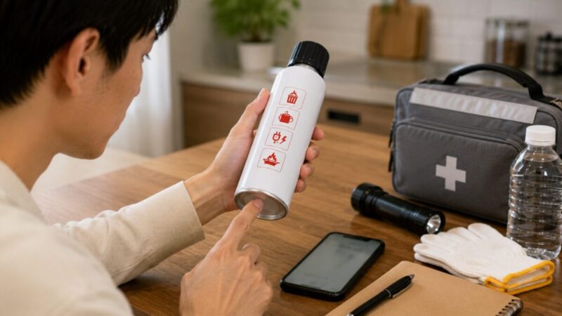 家庭用消火スプレーの適応火災と使用期限を確認する様子