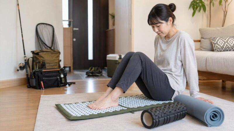 釣り道具やアウトドア用品を片付けたあと、自宅で指圧マットとフォームローラーを使って足裏ケアをしている様子。