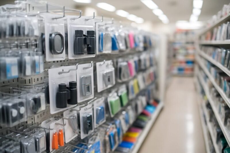 100均店内で双眼鏡を探す売り場の雰囲気を示すイメージ