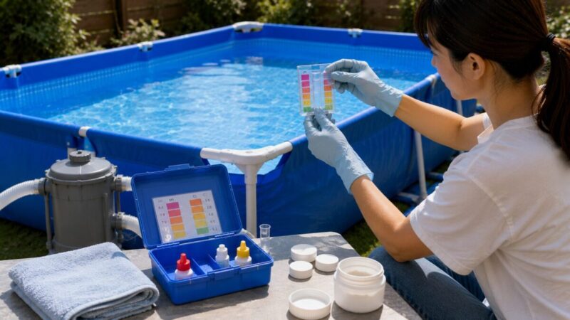 家庭用プールの水を採取し、比色キットで残留塩素とpHを確認する様子