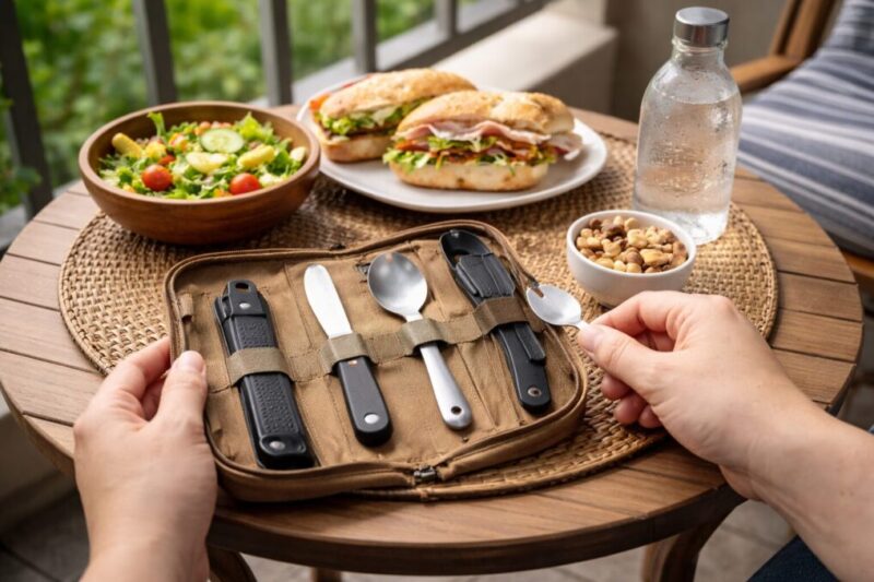 軽量カトラリーを使って、外でも手軽に食事を楽しむイメージ