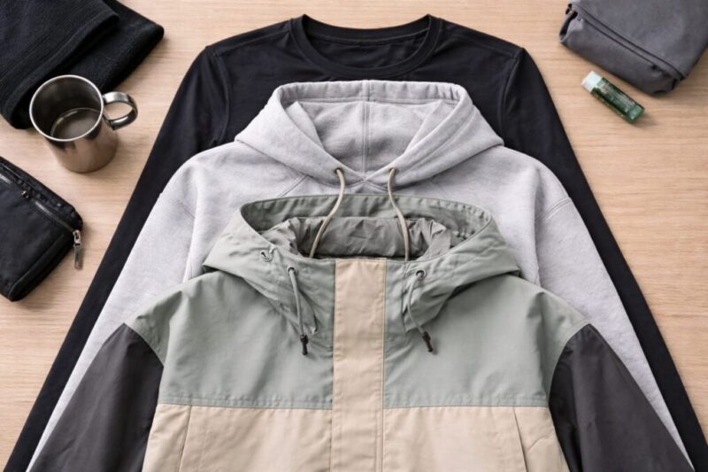 パーカーを中間着にして重ね着で温度調整するイメージ