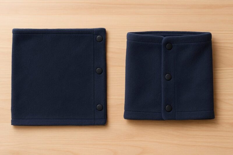 ボタン付きネックウォーマーの着脱イメージが分かる物撮り