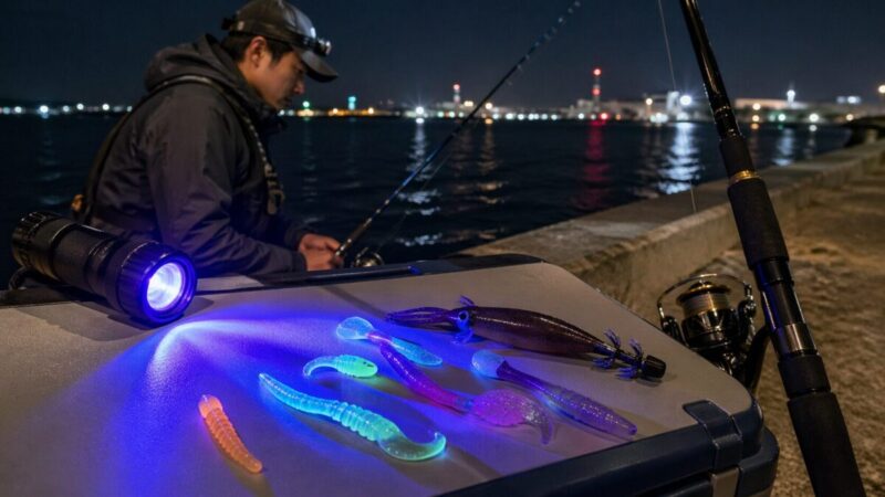 釣り場でUVライトを使い、ワームやエギなどの釣具を照らして用途を確認しているイメージ