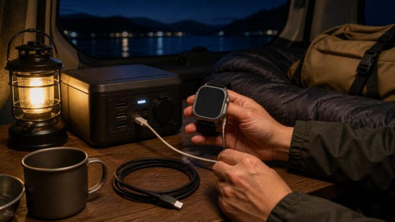 車中泊でスマートウォッチの充電管理をするイメージ