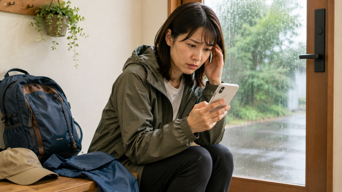 雨でレジャーの予定変更となりスマートフォンで予約内容を確認する利用者