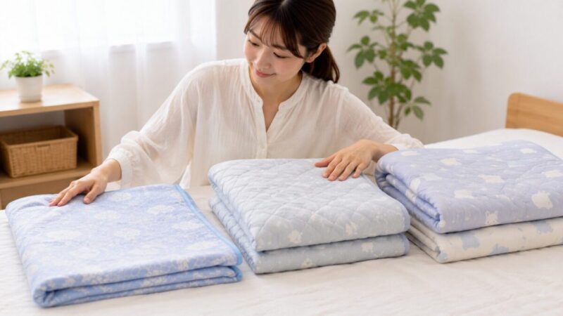 薄手から厚手まで掛け心地の異なる冷感ケットを並べて比較する様子