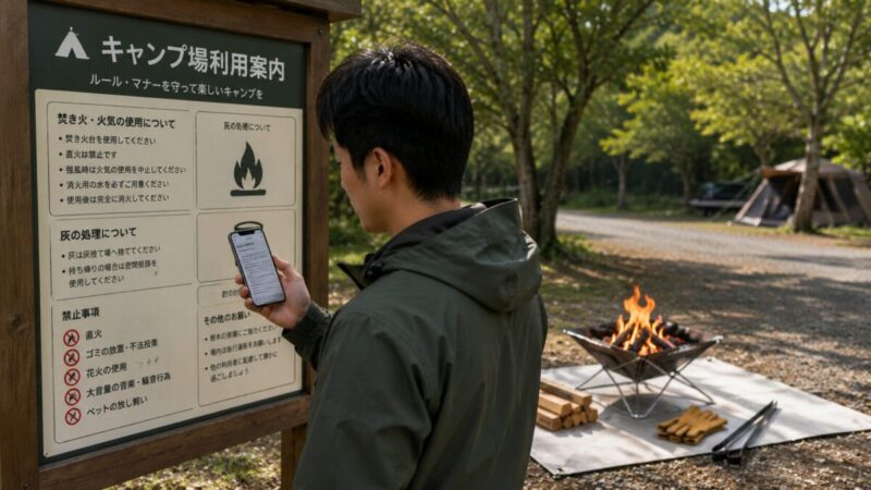 キャンプ場の案内板を確認しながら、焚き火台と地面保護シートの使用準備をするキャンパー
