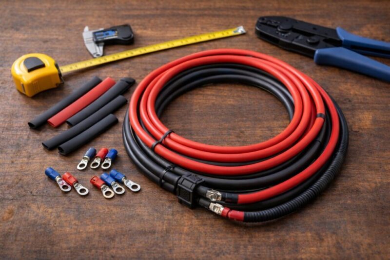 赤黒ケーブルと端子、圧着工具を机上に並べ、配線サイズ選びの準備をしている様子