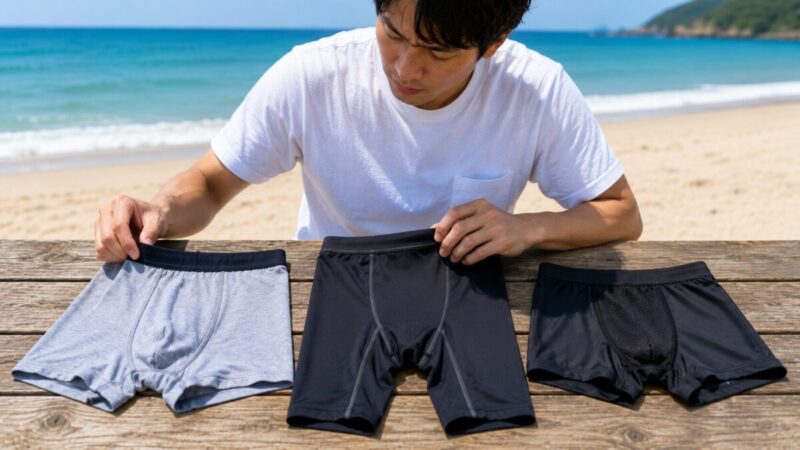 普段用ボクサーパンツとスポーツタイツと水着用インナーを比較する男性