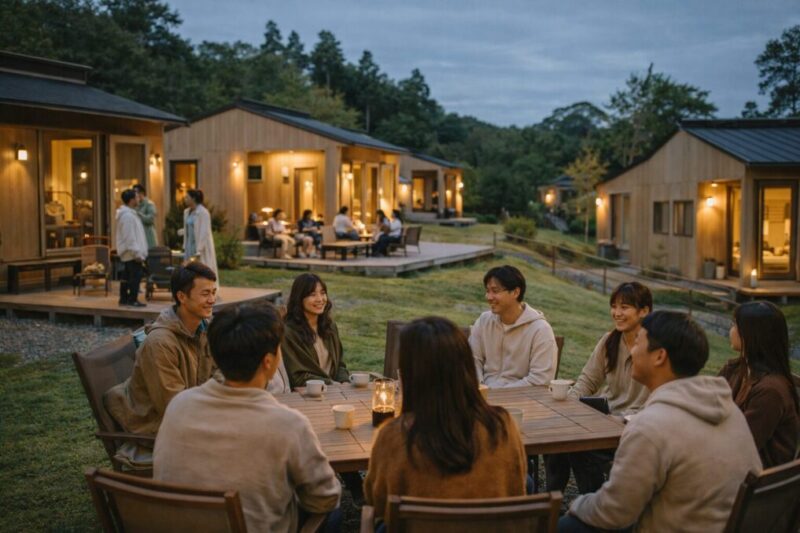 7人から12人のグループが過ごしやすい複数棟タイプのグランピング施設