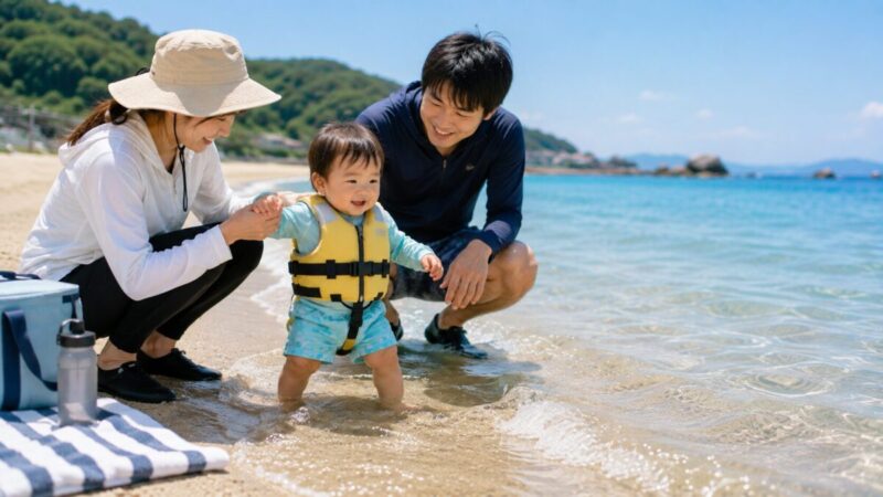 ライフジャケットを着た1歳児が両親に見守られながら足首程度の浅瀬で遊ぶ様子