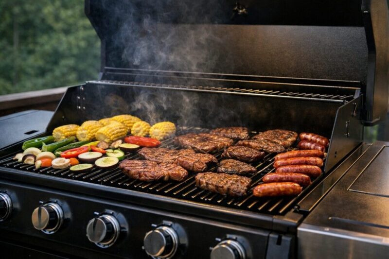 広い焼き面を持つ大型BBQグリルで肉と野菜を同時に焼いている様子