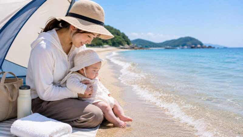 母親に抱かれながら穏やかな波打ち際へ足先を近づける生後3か月前後の赤ちゃん