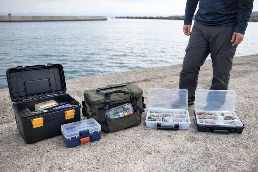 ホームセンターの工具箱や100均ケースを釣りタックルボックスの代用品として比較している防波堤の準備風景
