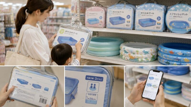 店頭で折りたたみプールのサイズや対象年齢を確認し、オンライン在庫も調べる親子