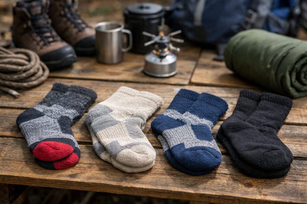 木のテーブルに並べた厚手の登山用ソックスと、背景にぼけた登山装備の写真