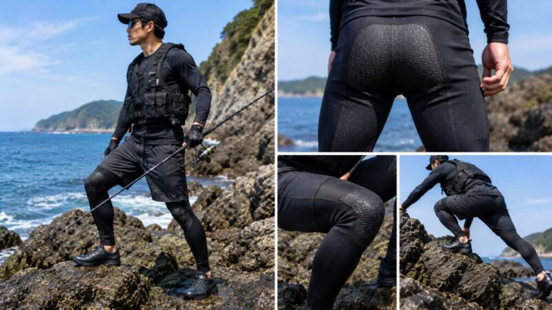 膝と尻を補強したウェットタイツで岩場を移動するロックショアアングラー