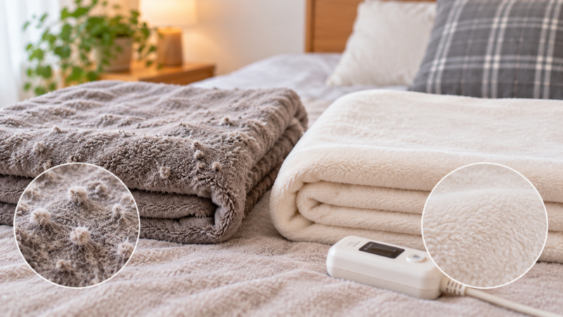 毛玉が目立つ電気毛布と表面がきれいな電気毛布の生地を比較した様子