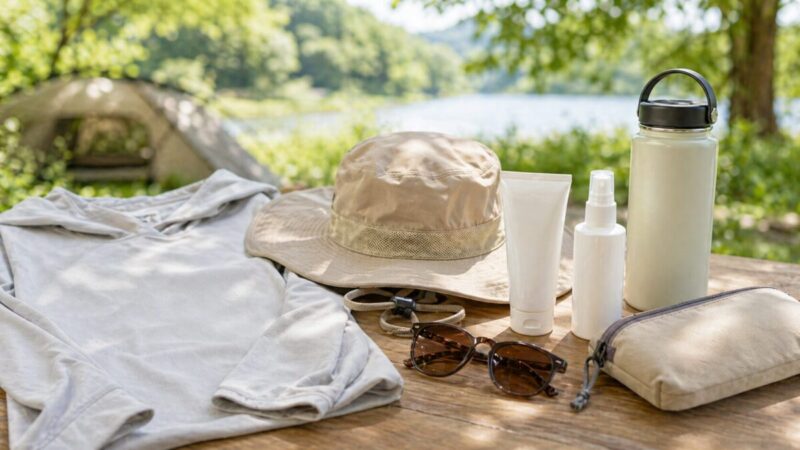 キャンプや散歩で使う日焼け止めと帽子、水筒などの紫外線対策グッズを準備するイメージ