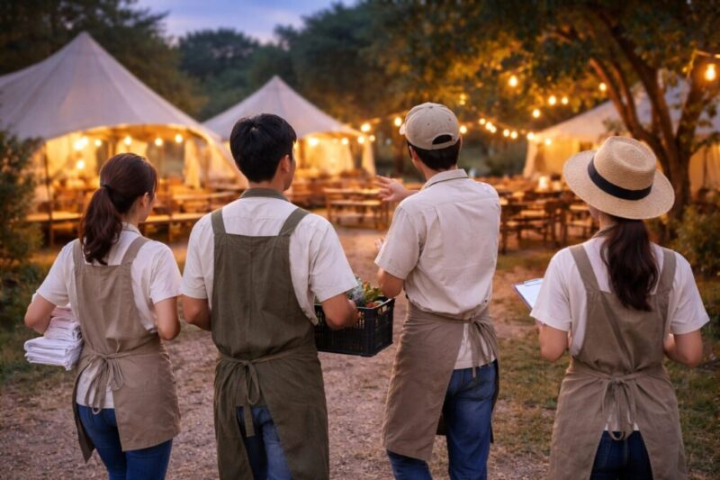 繁忙期のグランピング施設で連携して働くスタッフのイメージ