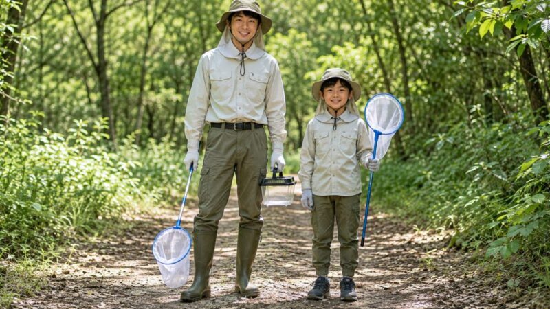 帽子・首元・袖口・腰・ズボン裾の隙間を減らした昆虫採集の服装