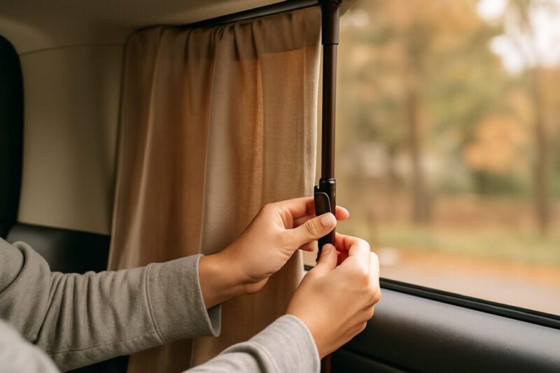 車内の窓枠に縦の突っ張り棒を立て、布をクリップで留めて目隠しを作る手順イメージ