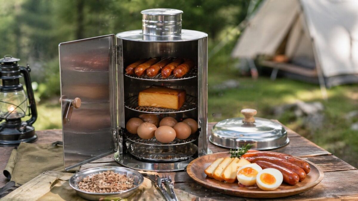 キャンプテーブルに置かれたステンレス製燻製器と燻製した卵、チーズ、ソーセージの盛り合わせ