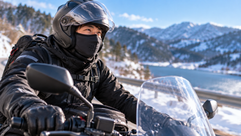 冬の山道で防寒フェイスマスクを着用してバイクに乗る様子