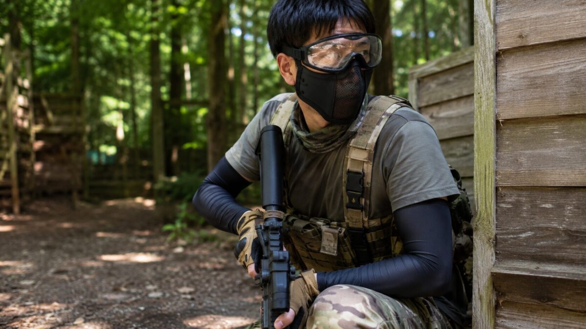 夏のサバゲーで半袖の痛みを防ぐために冷感インナーとアームカバーを着用した初心者装備。