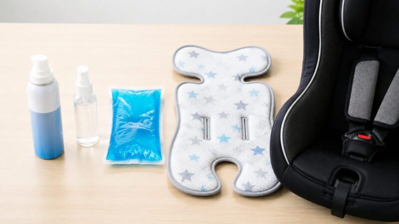 チャイルドシート用冷却スプレーと保冷剤や保冷シートを並べて比較した様子