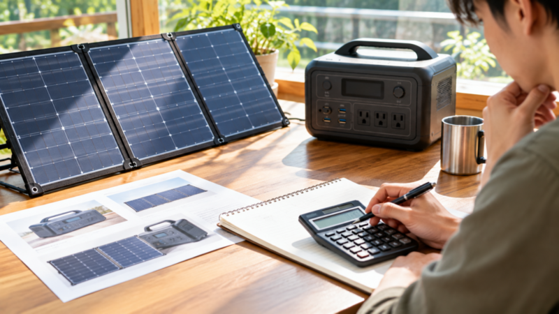 ソーラーパネルとポータブル電源の購入費用や回収年数を電卓で計算している様子