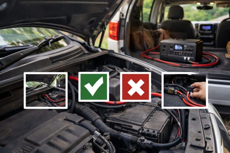 車のバッテリーから車内の電源機器へ配線した状態を確認し、逆流トラブルを避けるイメージ写真
