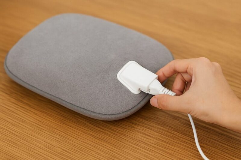 充電式湯たんぽに専用アダプタを接続して蓄熱の仕組みを示すイメージ