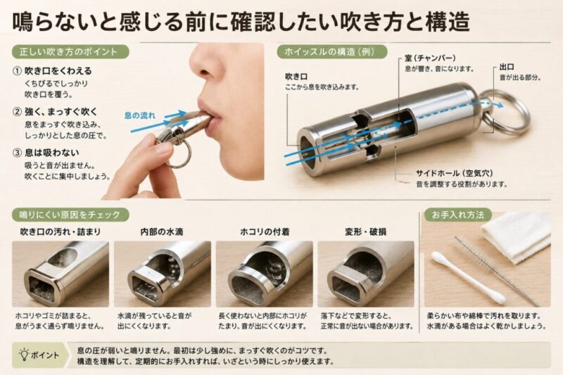 ホイッスルの吹き口や内部構造を確認し、音が出にくい原因を点検するイメージ。