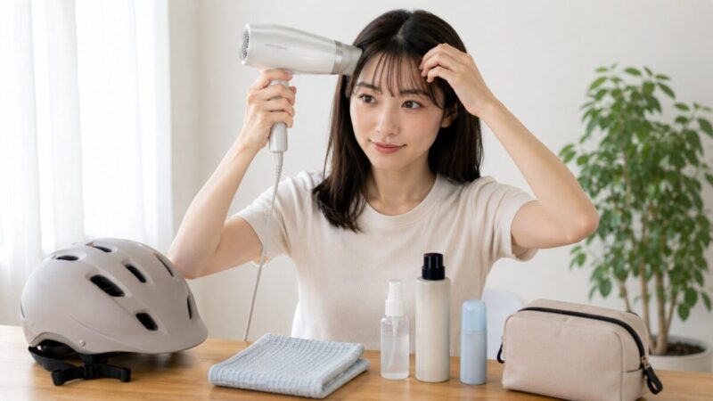 自転車に乗る前にドライヤーで前髪の根元を整え、汗対策用品を準備する女性