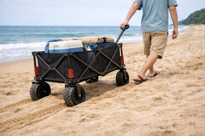 砂浜でキャリーカートが進みにくいときの引き方イメージ