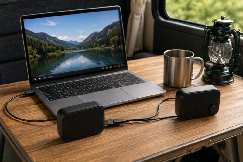 車内テーブルでノートパソコンに小型USBスピーカーを接続して動画視聴の準備をしている様子